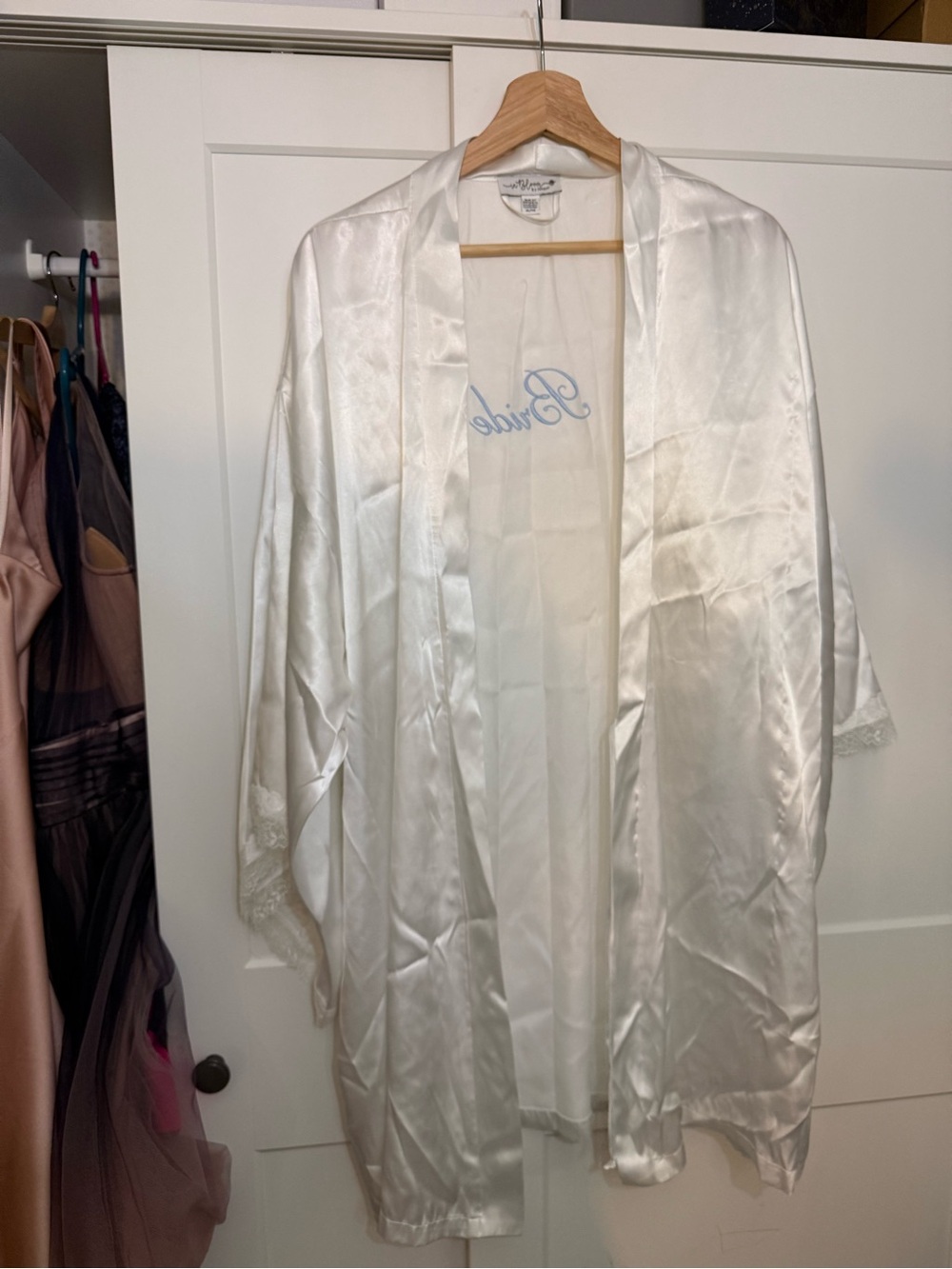 Balenciaga White Satin Bridal Robe with Light Blue 'Bride' Embroidery